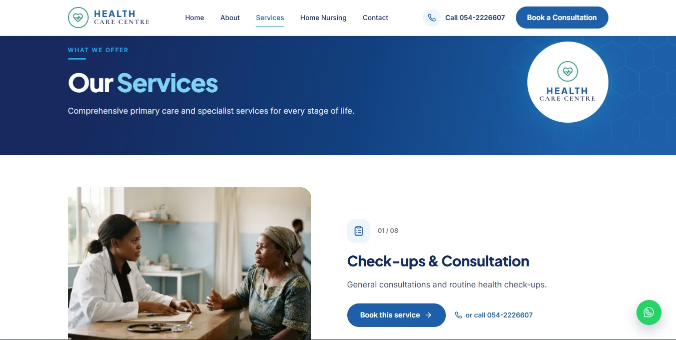 Health Care Centre services page
